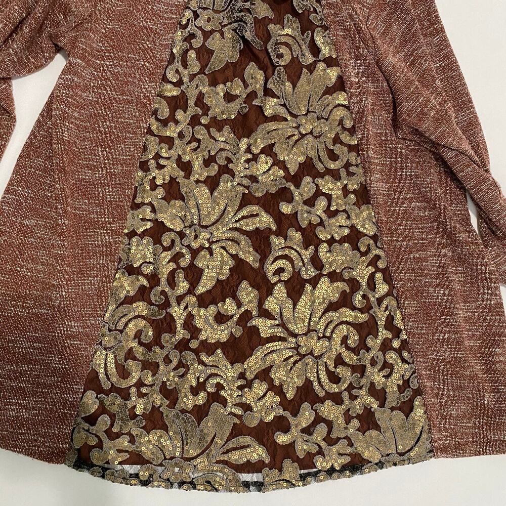LOGO Lori Goldstein XL Marled Knit Top Sequin Lace Back Lagenlook Tunic Brown - Picture 6 of 9